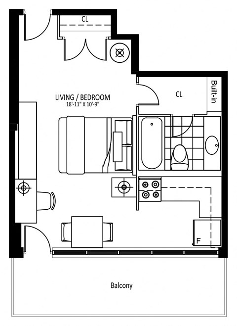 Floor plan for studio, 1 bath, 382 sqft